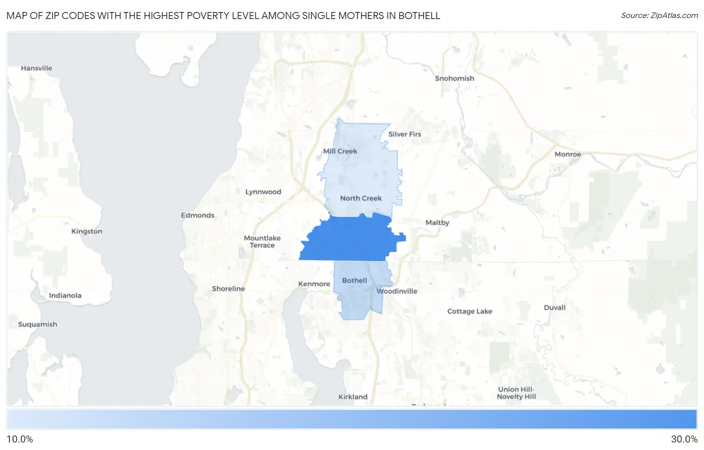 Zip Codes with the Highest Poverty Level Among Single Mothers in Bothell Map