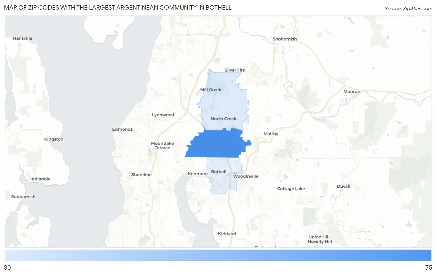 Zip Codes with the Largest Argentinean Community in Bothell Map