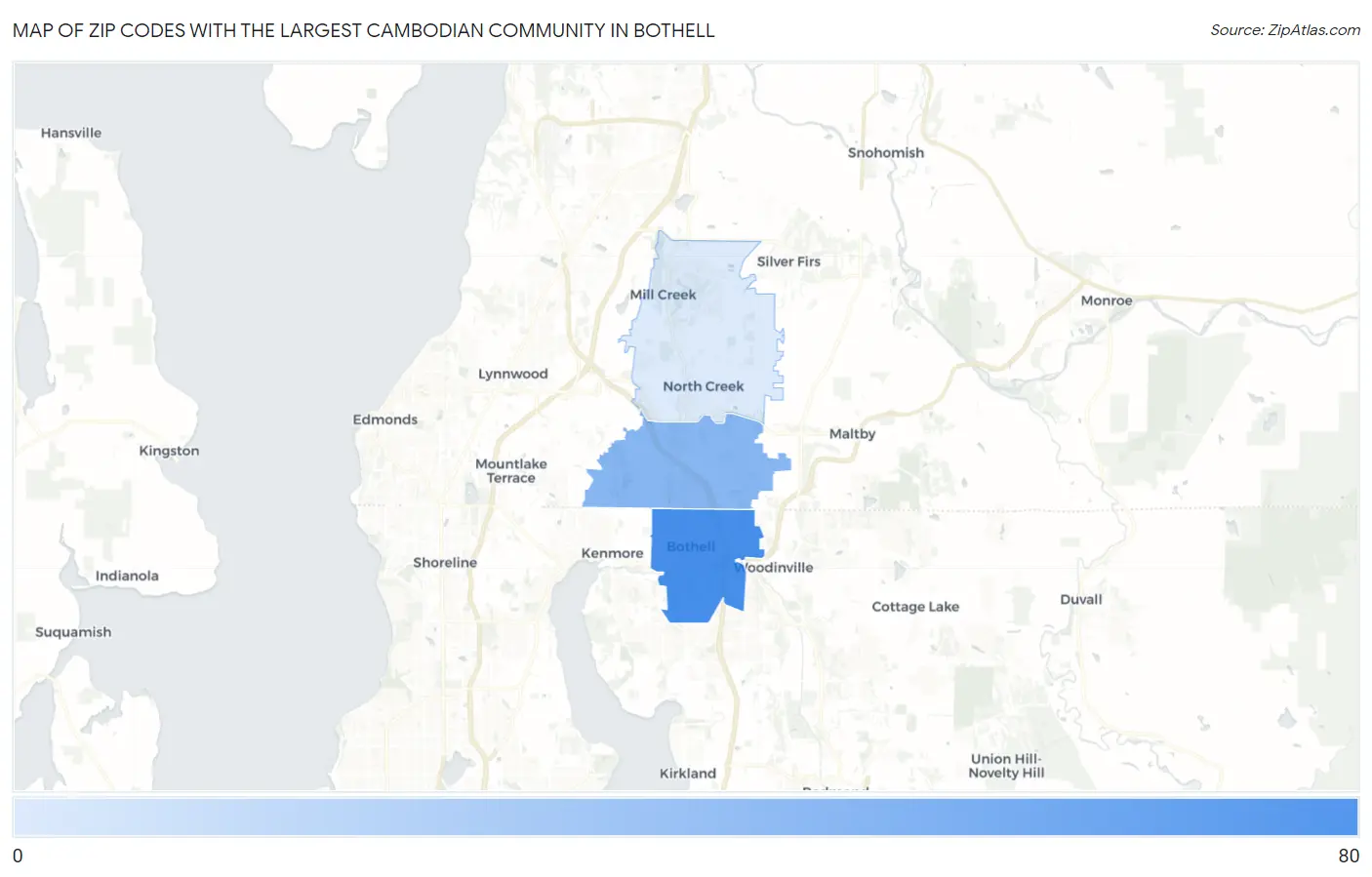 Zip Codes with the Largest Cambodian Community in Bothell Map