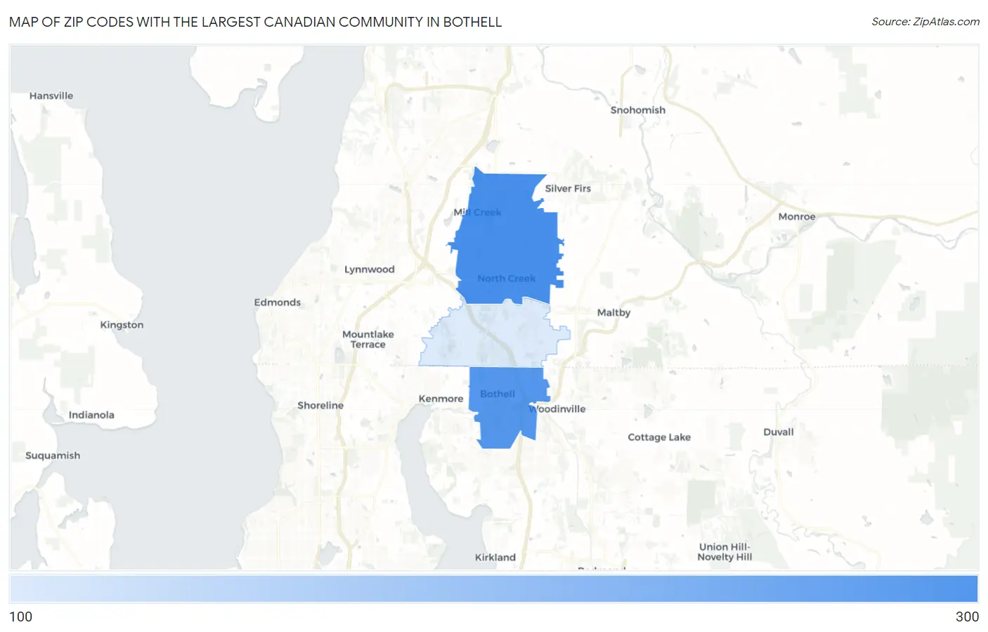 Zip Codes with the Largest Canadian Community in Bothell Map