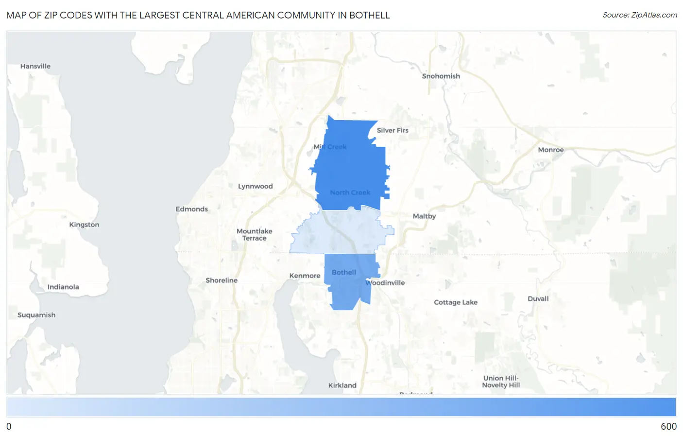 Zip Codes with the Largest Central American Community in Bothell Map