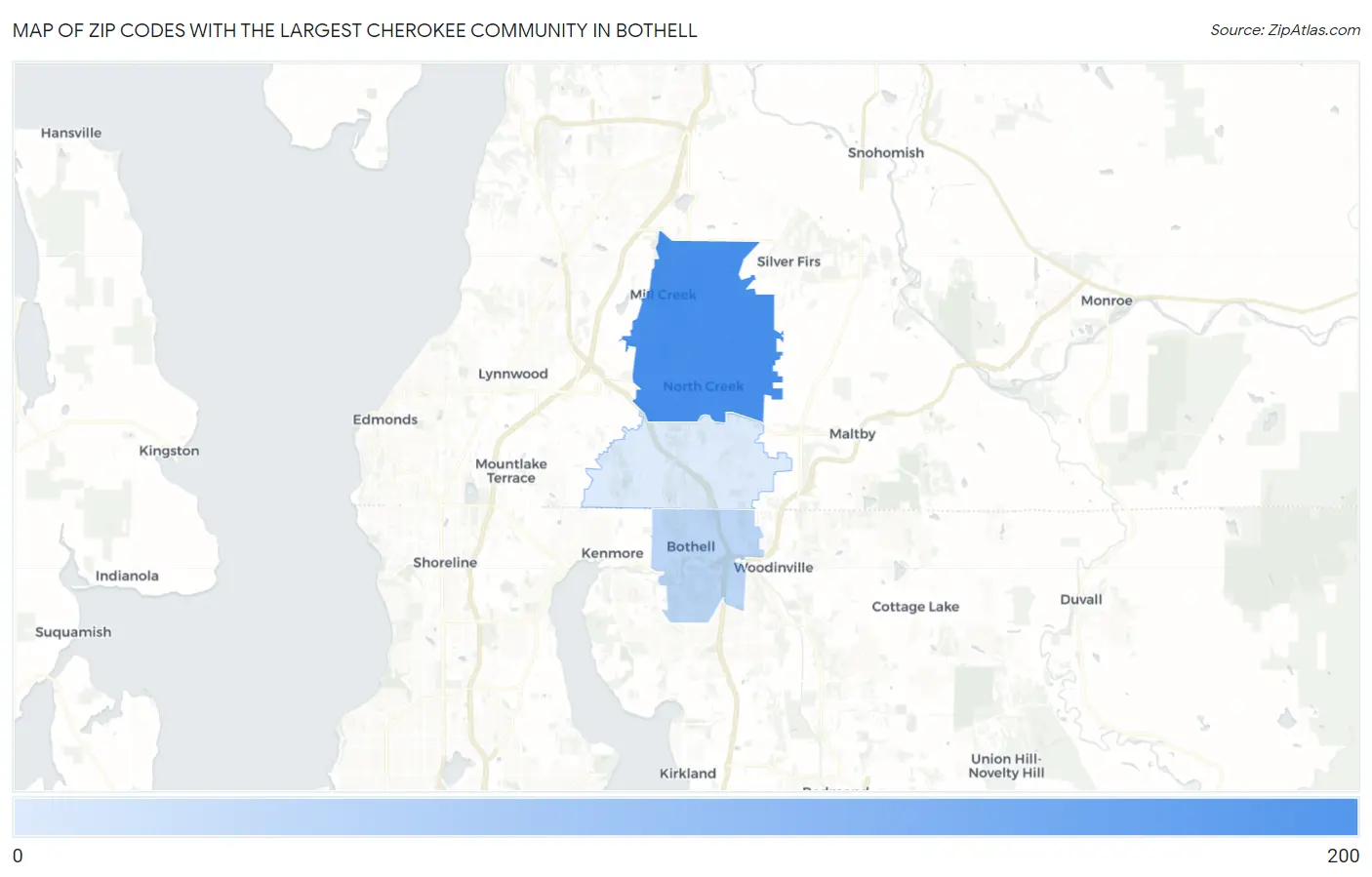 Zip Codes with the Largest Cherokee Community in Bothell Map