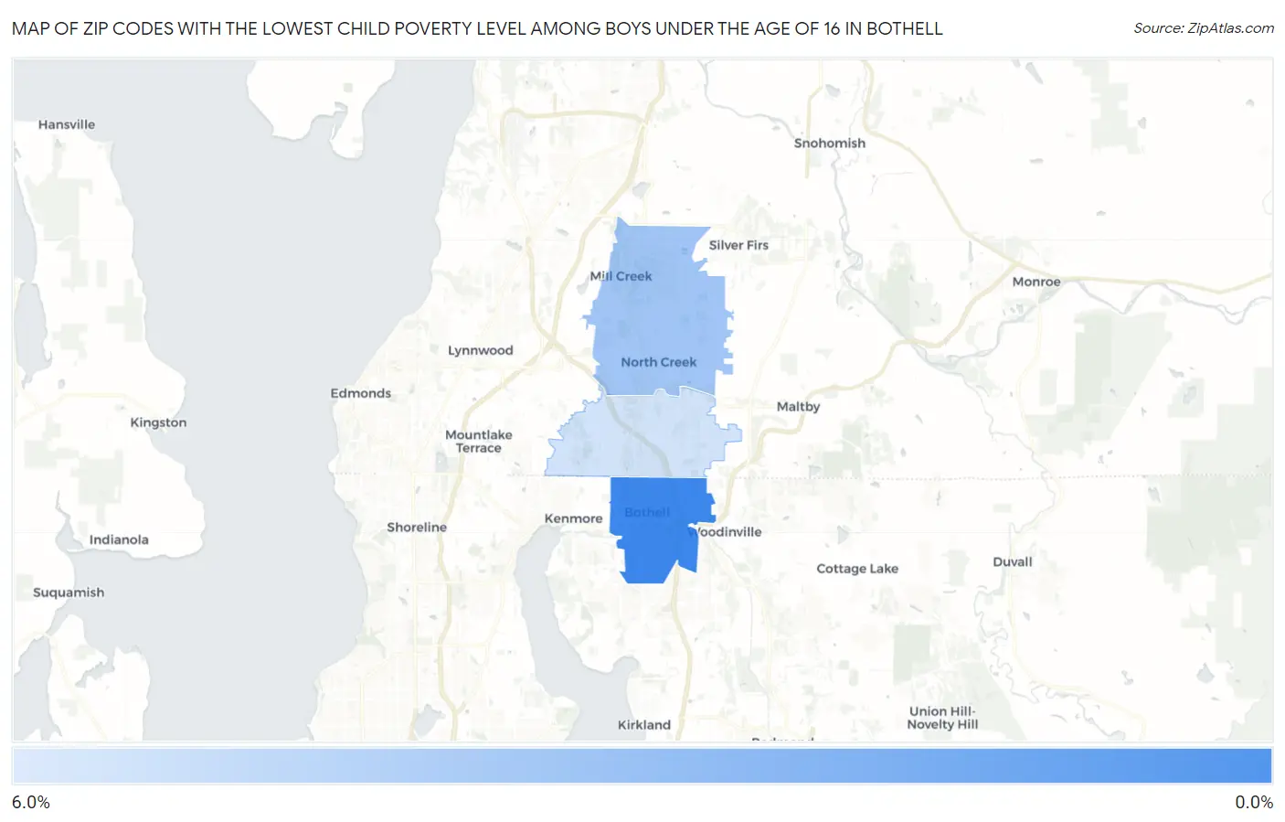 Zip Codes with the Lowest Child Poverty Level Among Boys Under the Age of 16 in Bothell Map