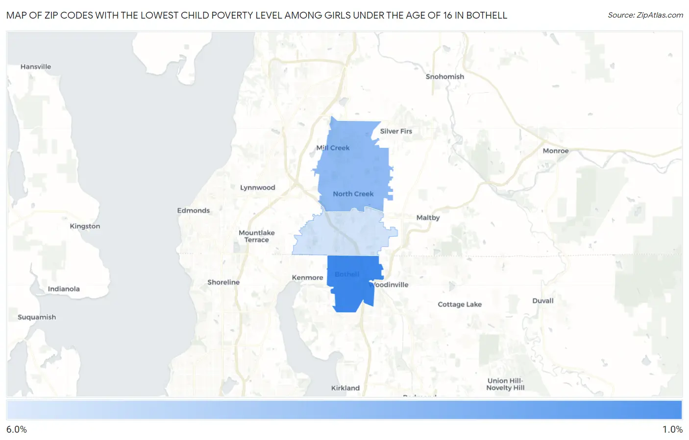 Zip Codes with the Lowest Child Poverty Level Among Girls Under the Age of 16 in Bothell Map