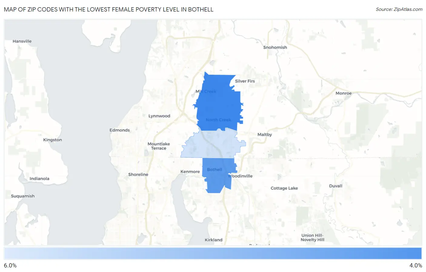 Zip Codes with the Lowest Female Poverty Level in Bothell Map