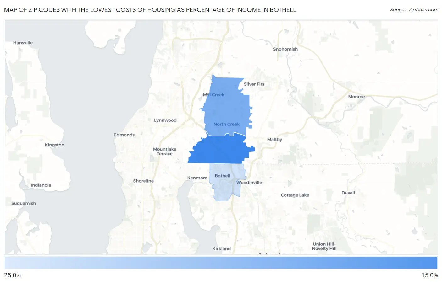 Zip Codes with the Lowest Costs of Housing as Percentage of Income in Bothell Map
