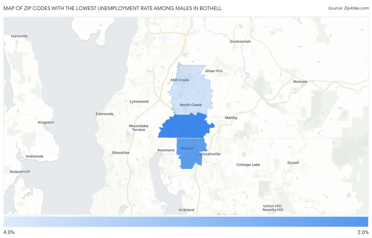 Zip Codes with the Lowest Unemployment Rate Among Males in Bothell Map