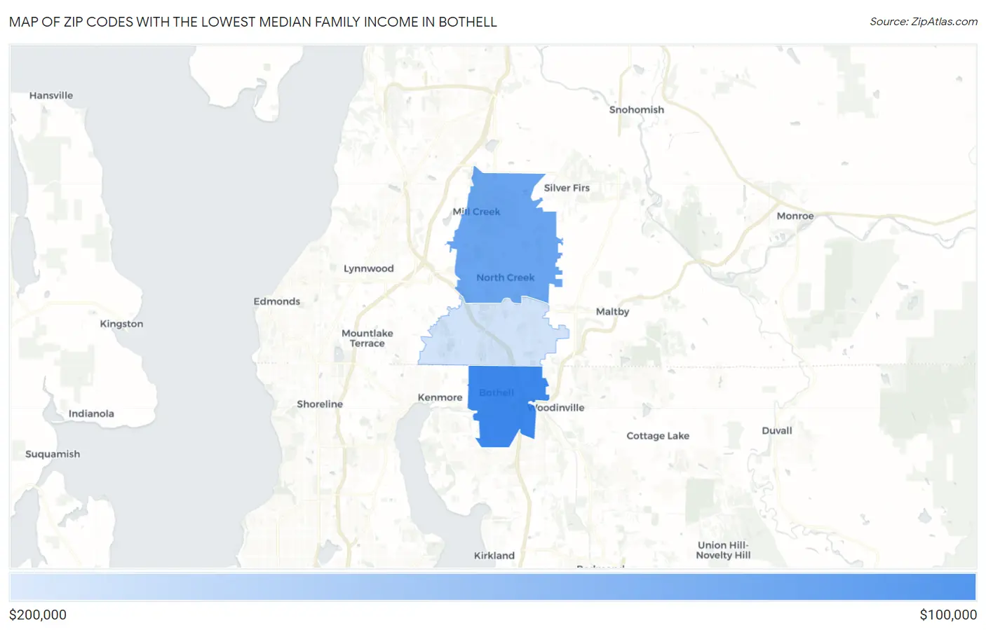 Zip Codes with the Lowest Median Family Income in Bothell Map