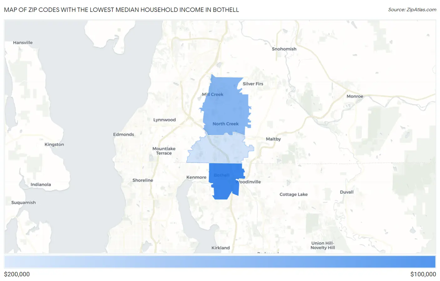 Zip Codes with the Lowest Median Household Income in Bothell Map
