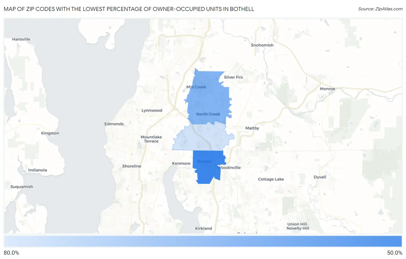 Zip Codes with the Lowest Percentage of Owner-Occupied Units in Bothell Map