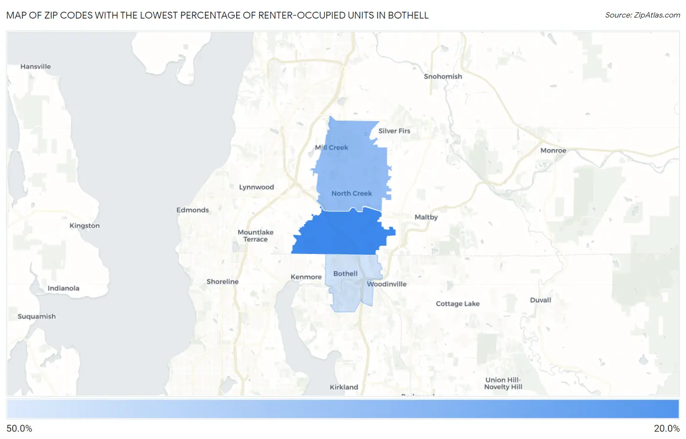 Zip Codes with the Lowest Percentage of Renter-Occupied Units in Bothell Map