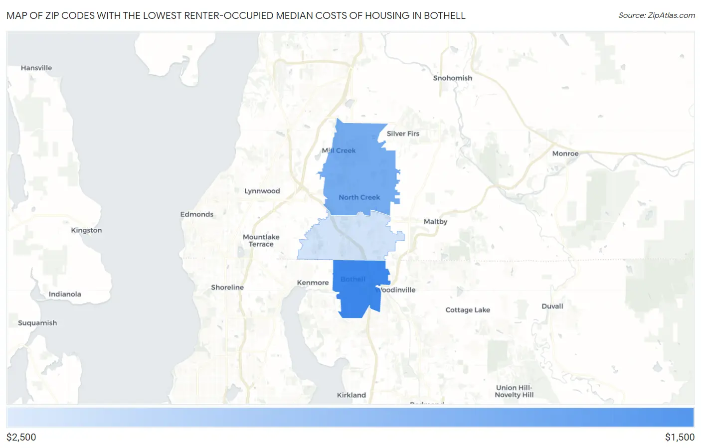 Zip Codes with the Lowest Renter-Occupied Median Costs of Housing in Bothell Map