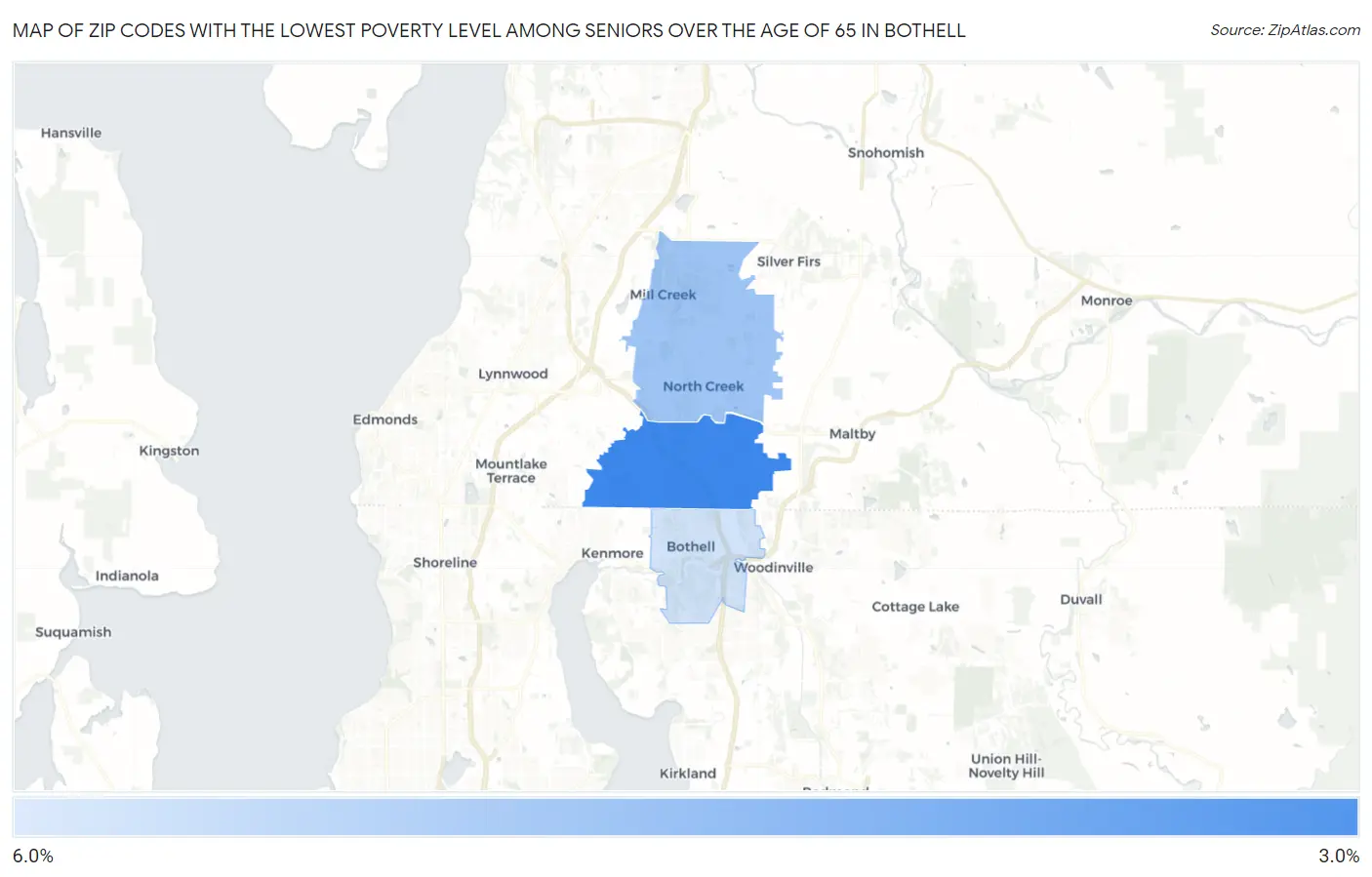 Zip Codes with the Lowest Poverty Level Among Seniors Over the Age of 65 in Bothell Map