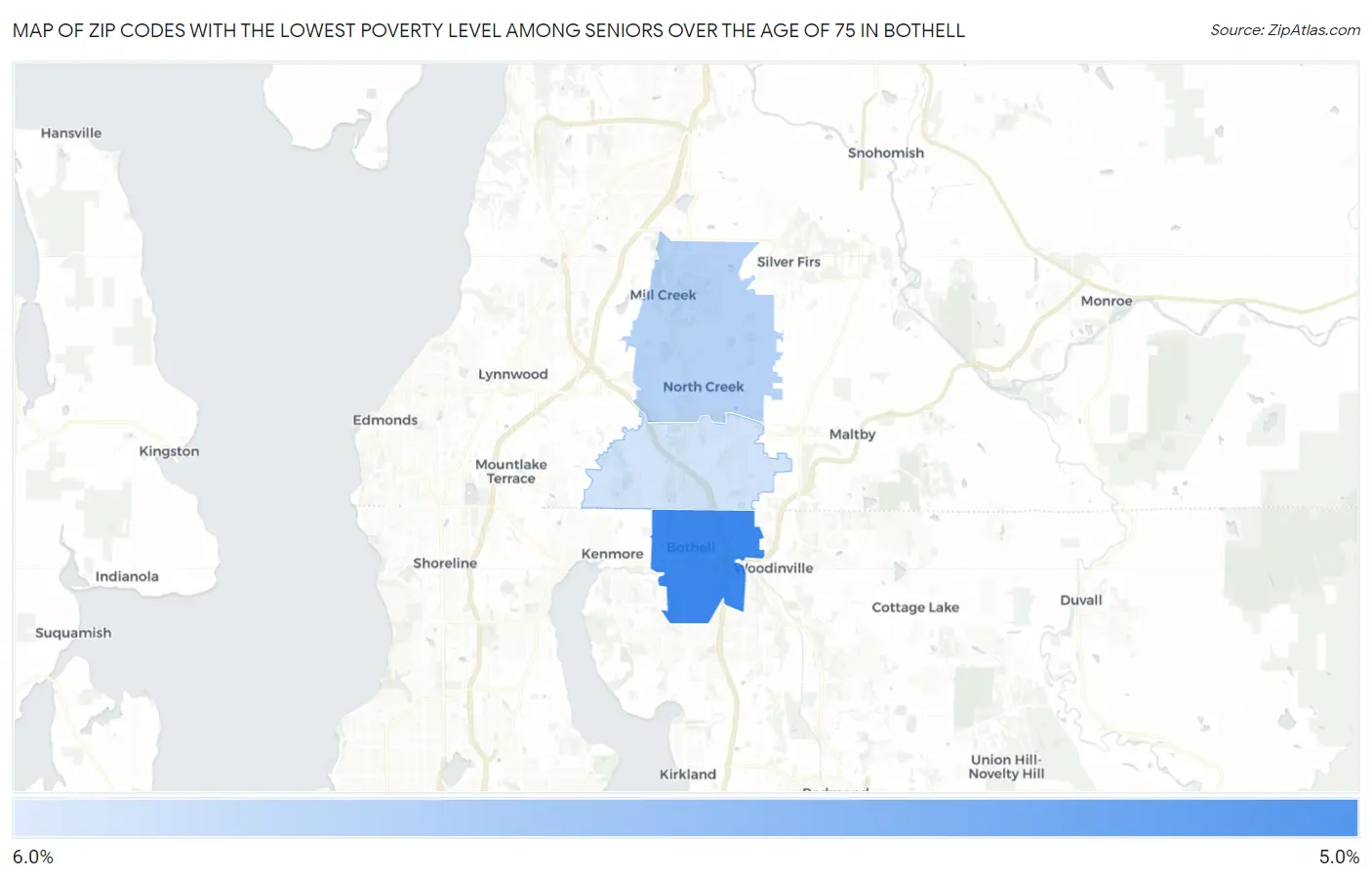 Zip Codes with the Lowest Poverty Level Among Seniors Over the Age of 75 in Bothell Map