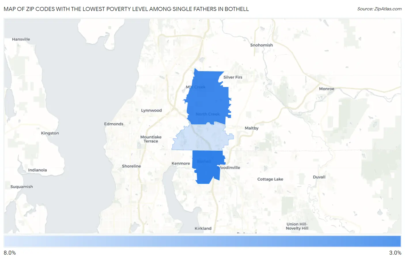 Zip Codes with the Lowest Poverty Level Among Single Fathers in Bothell Map