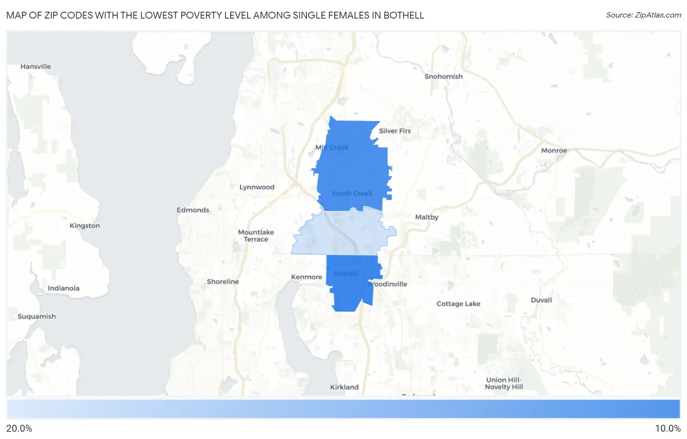 Zip Codes with the Lowest Poverty Level Among Single Females in Bothell Map