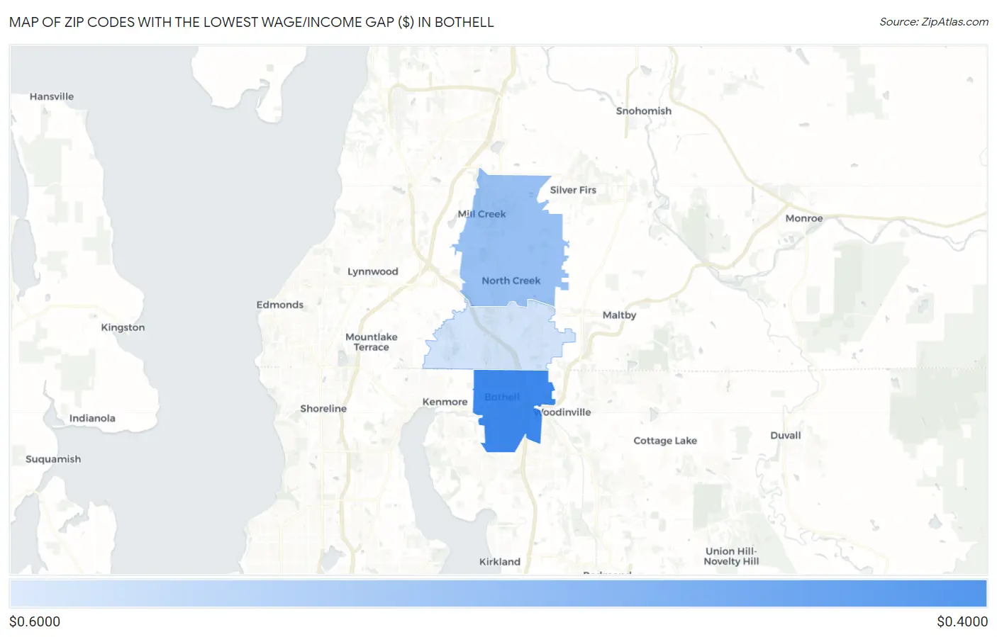 Zip Codes with the Lowest Wage/Income Gap ($) in Bothell Map