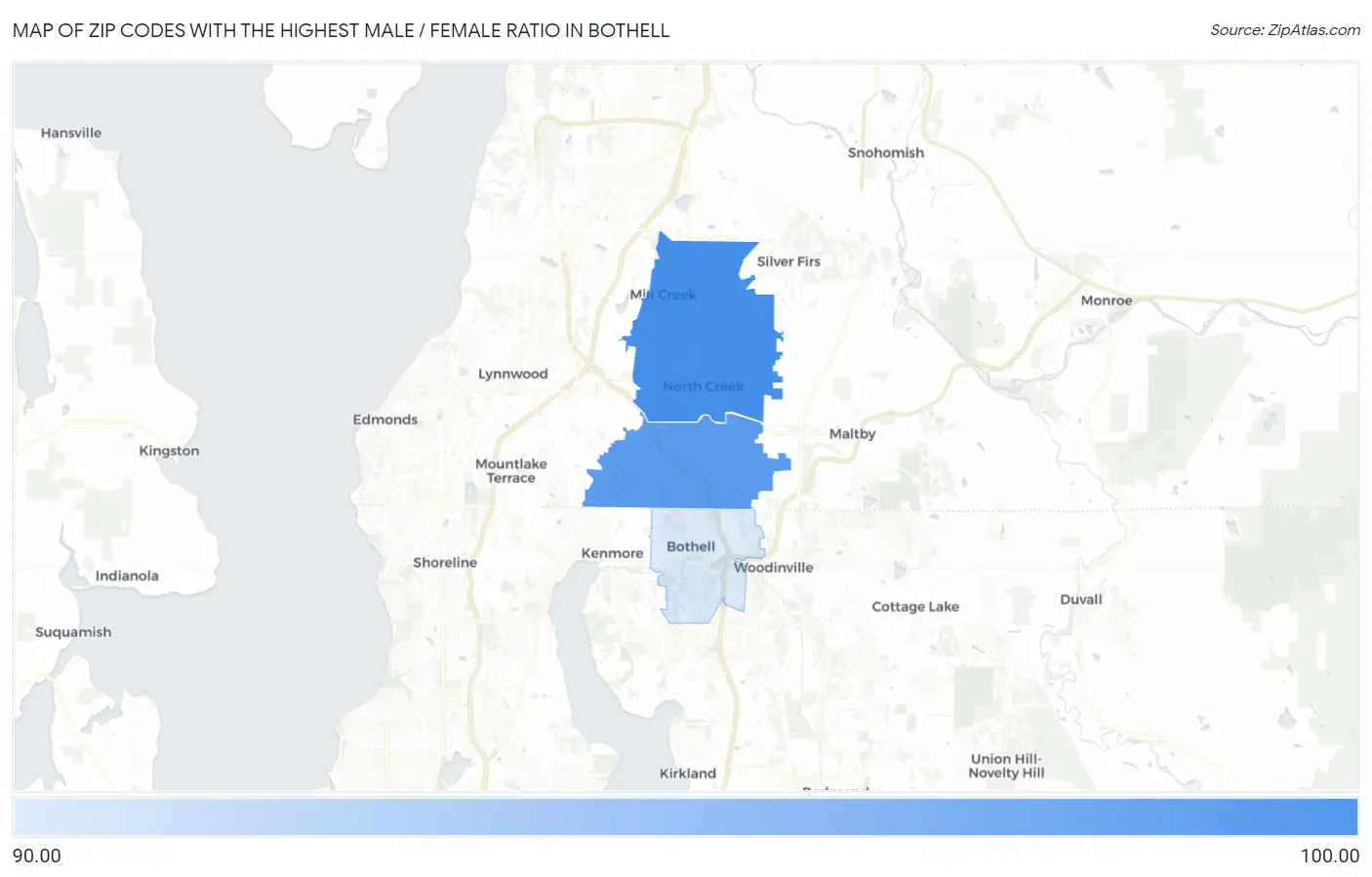 Zip Codes with the Highest Male / Female Ratio in Bothell Map