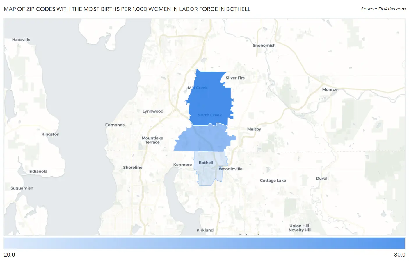 Zip Codes with the Most Births per 1,000 Women in Labor Force in Bothell Map