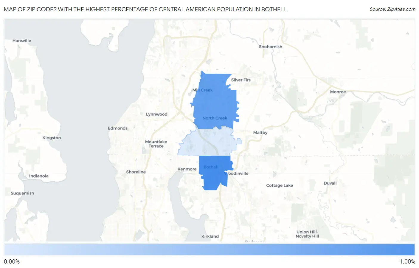 Zip Codes with the Highest Percentage of Central American Population in Bothell Map