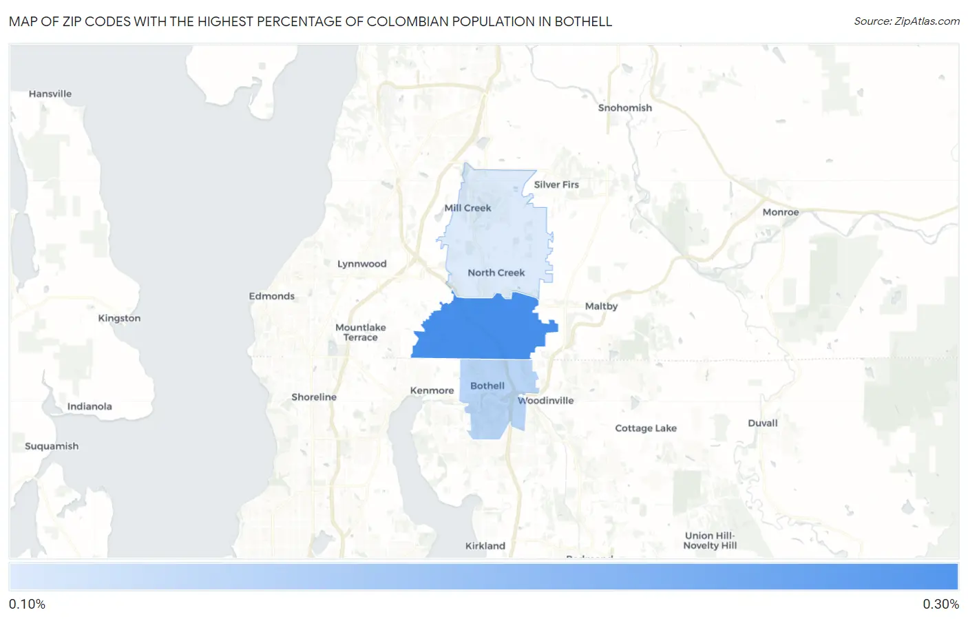 Zip Codes with the Highest Percentage of Colombian Population in Bothell Map
