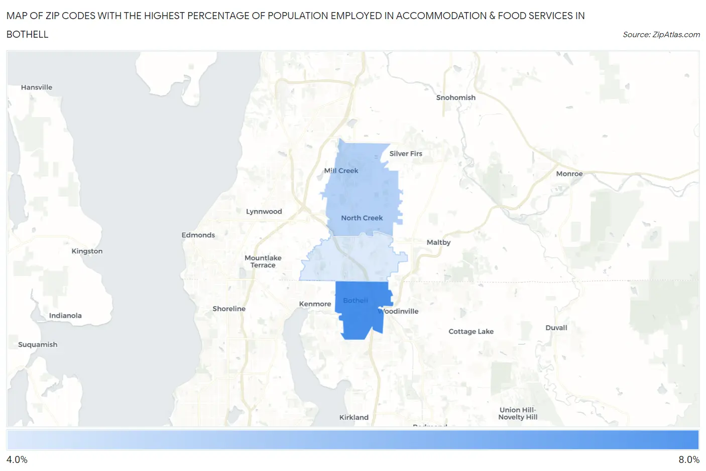 Zip Codes with the Highest Percentage of Population Employed in Accommodation & Food Services in Bothell Map