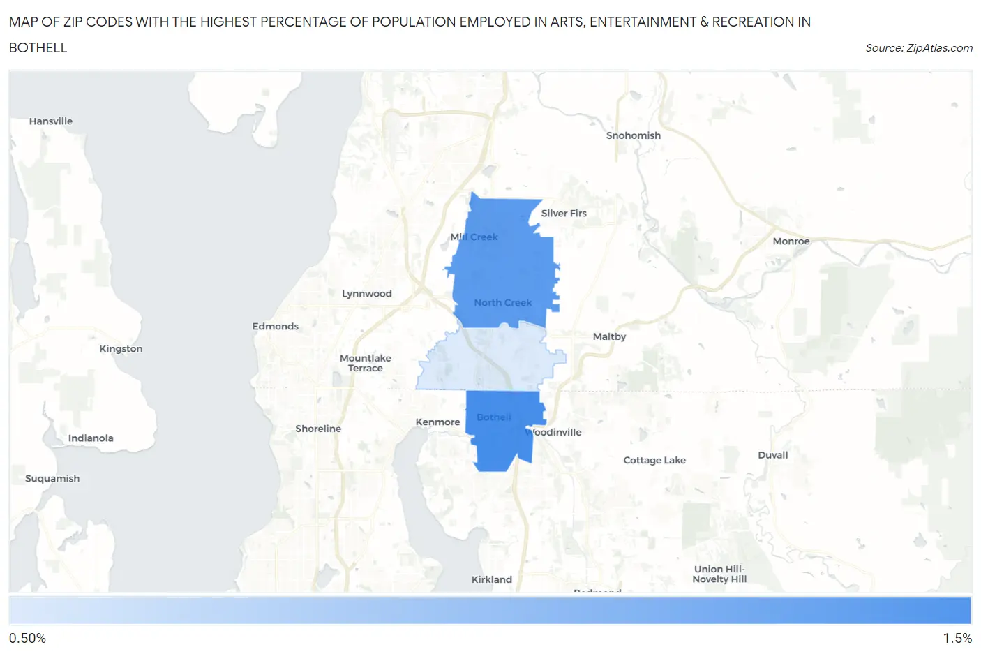Zip Codes with the Highest Percentage of Population Employed in Arts, Entertainment & Recreation in Bothell Map