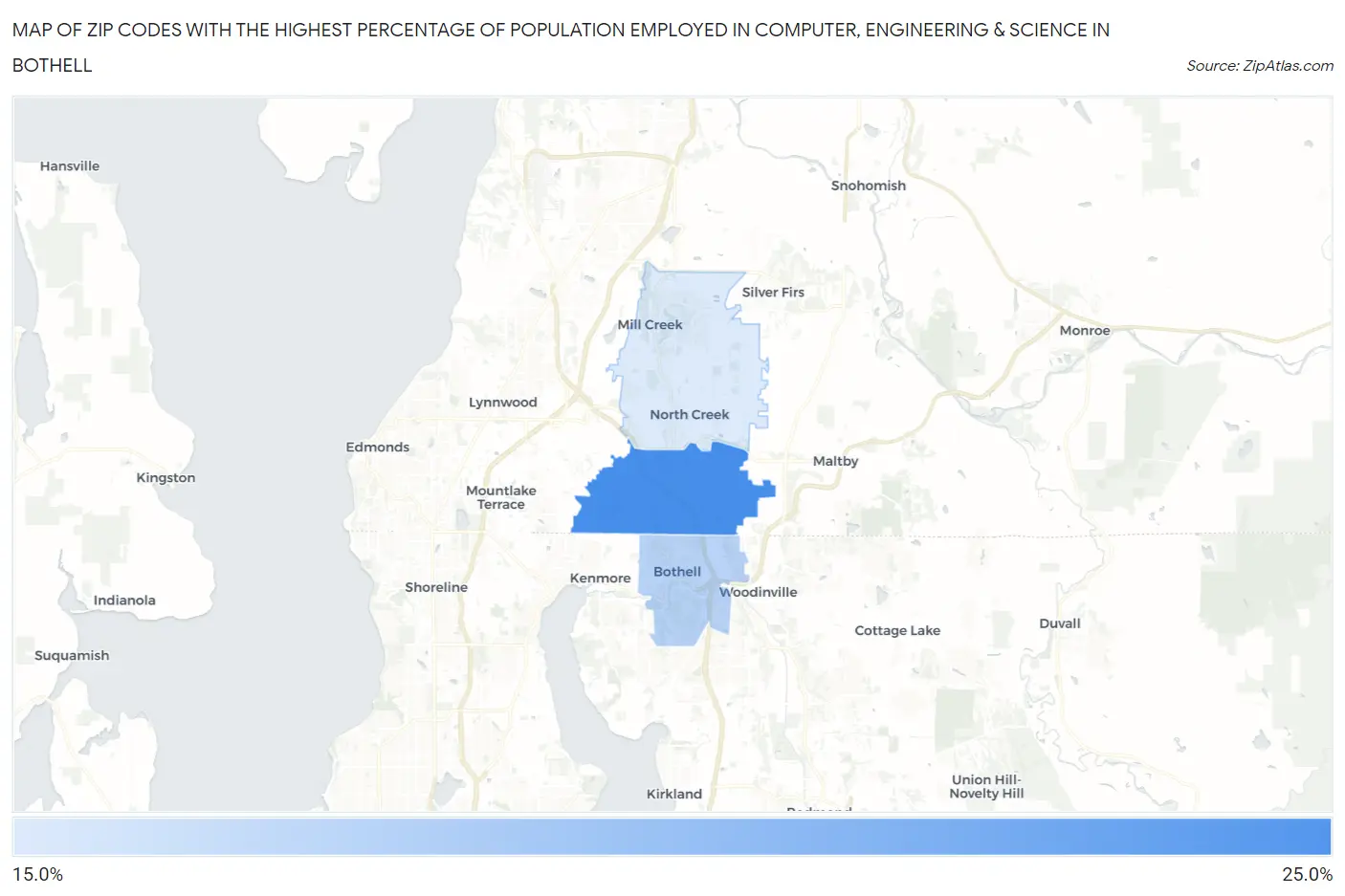 Zip Codes with the Highest Percentage of Population Employed in Computer, Engineering & Science in Bothell Map