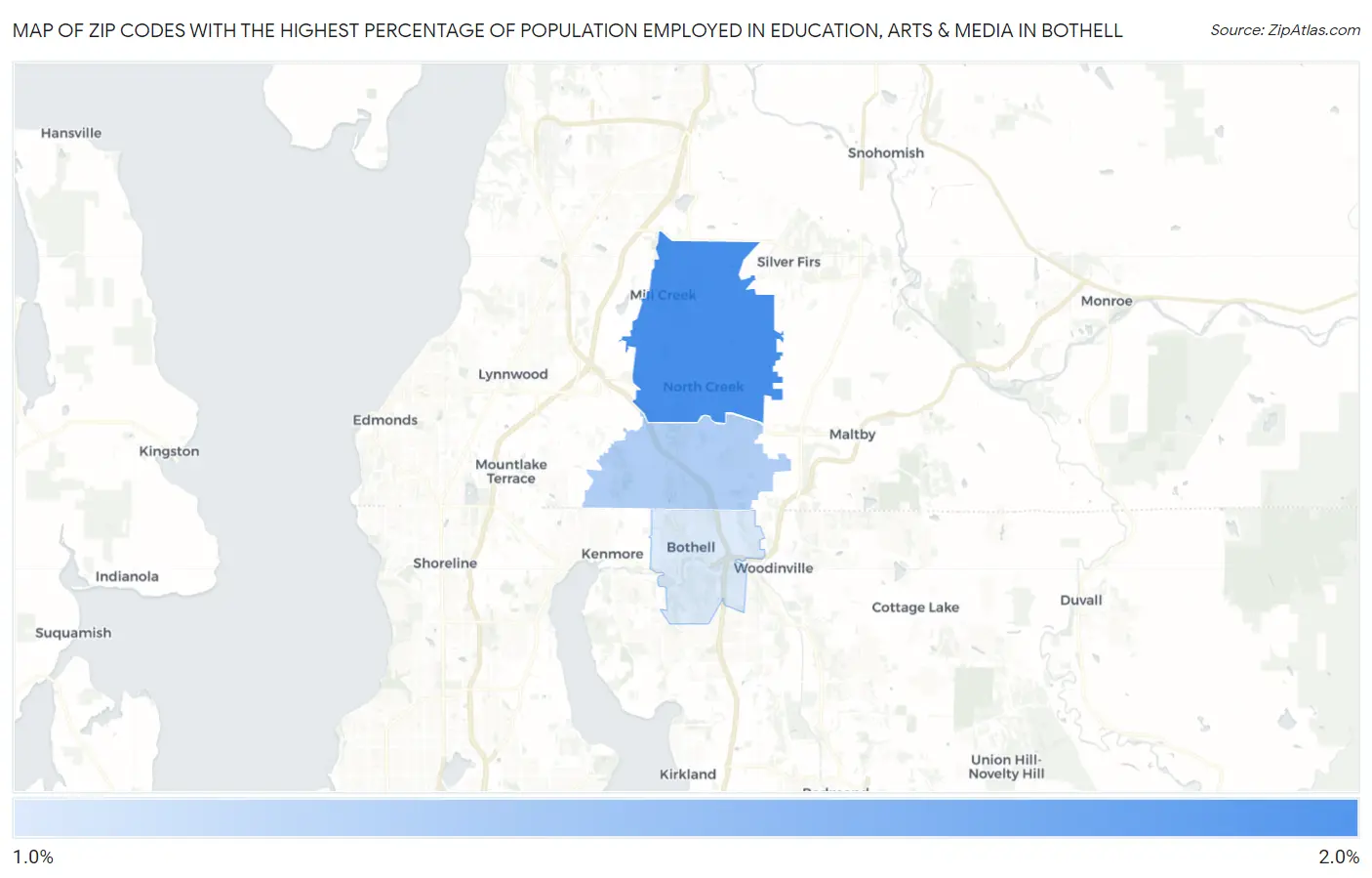 Zip Codes with the Highest Percentage of Population Employed in Education, Arts & Media in Bothell Map