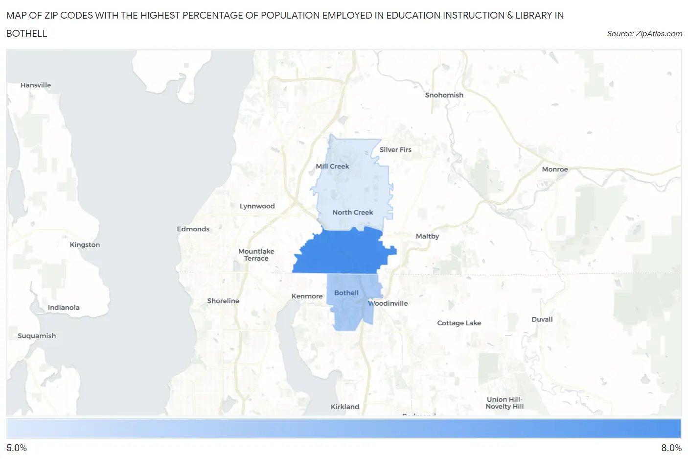 Zip Codes with the Highest Percentage of Population Employed in Education Instruction & Library in Bothell Map