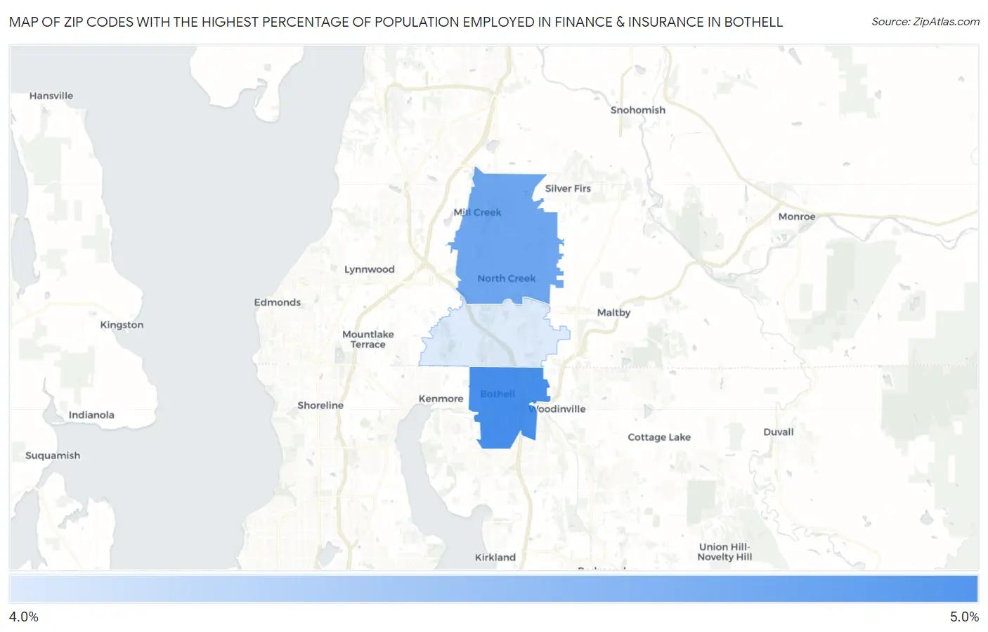 Zip Codes with the Highest Percentage of Population Employed in Finance & Insurance in Bothell Map