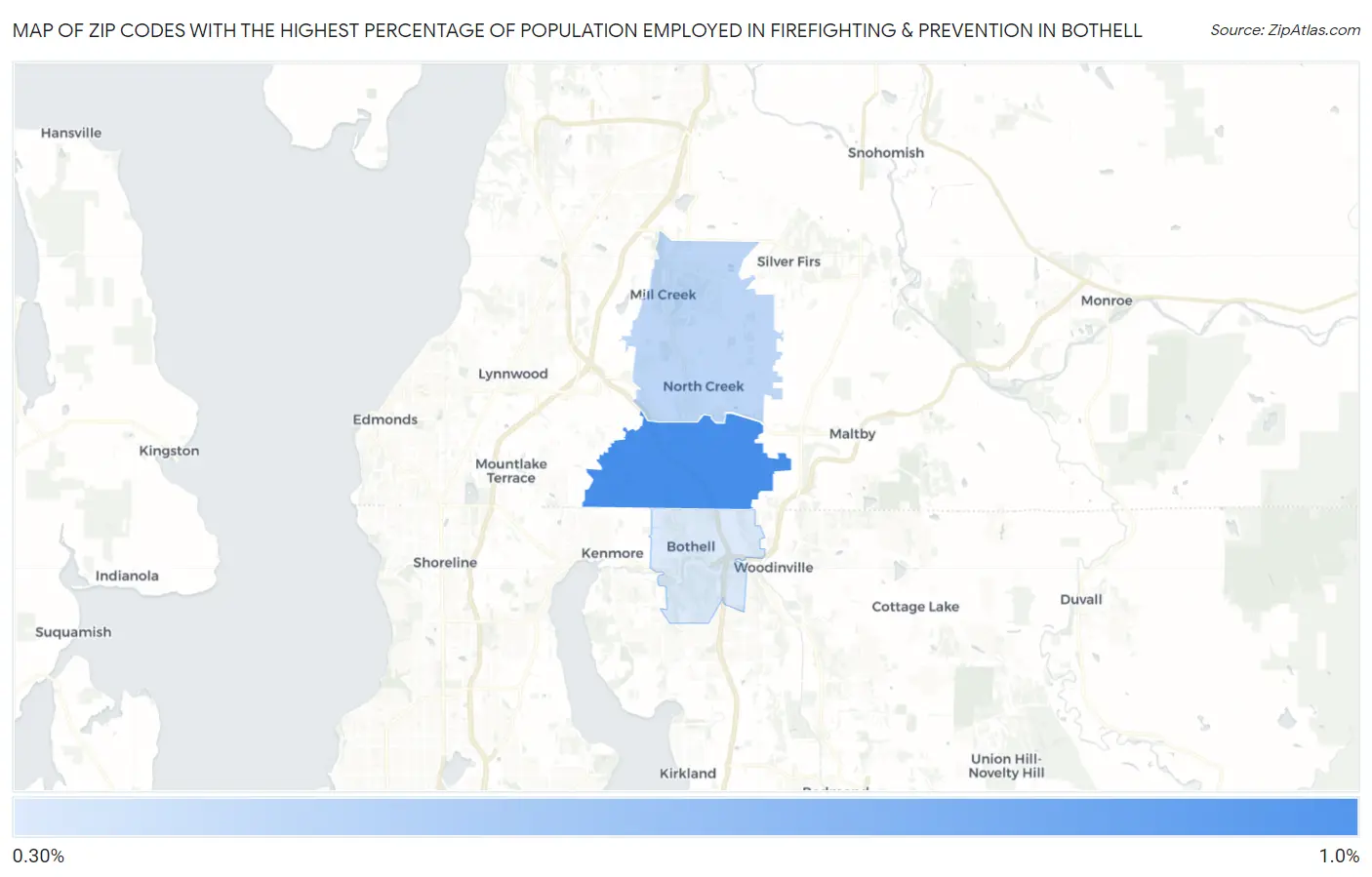 Zip Codes with the Highest Percentage of Population Employed in Firefighting & Prevention in Bothell Map