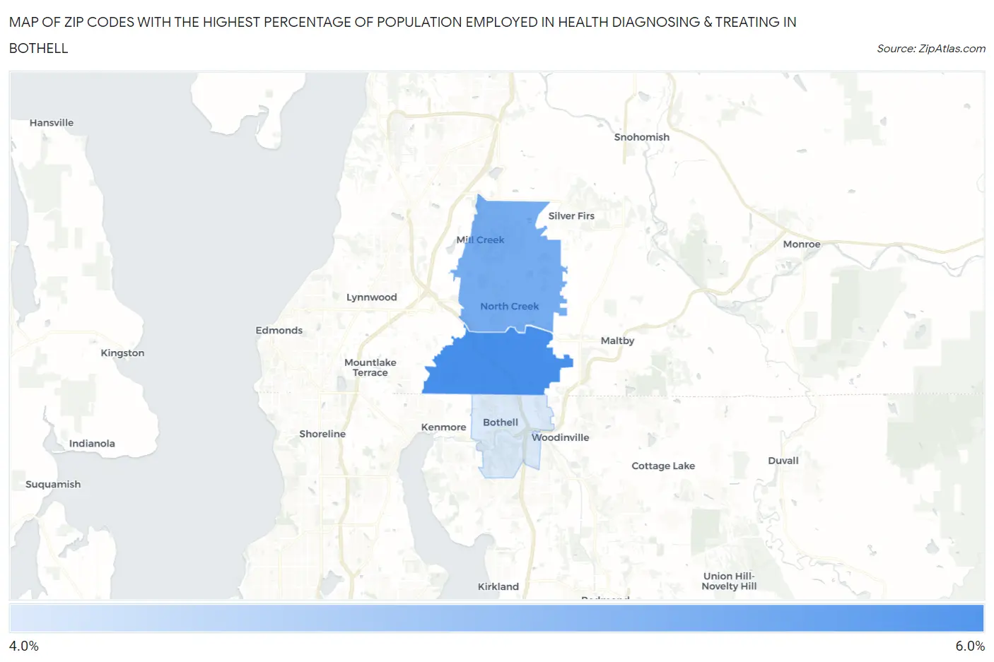 Zip Codes with the Highest Percentage of Population Employed in Health Diagnosing & Treating in Bothell Map