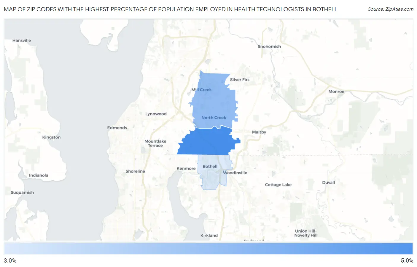 Zip Codes with the Highest Percentage of Population Employed in Health Technologists in Bothell Map
