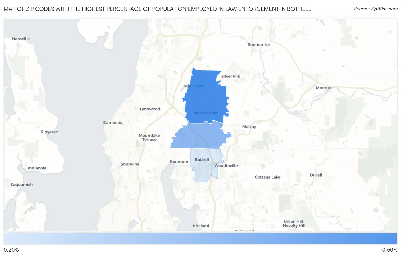 Zip Codes with the Highest Percentage of Population Employed in Law Enforcement in Bothell Map