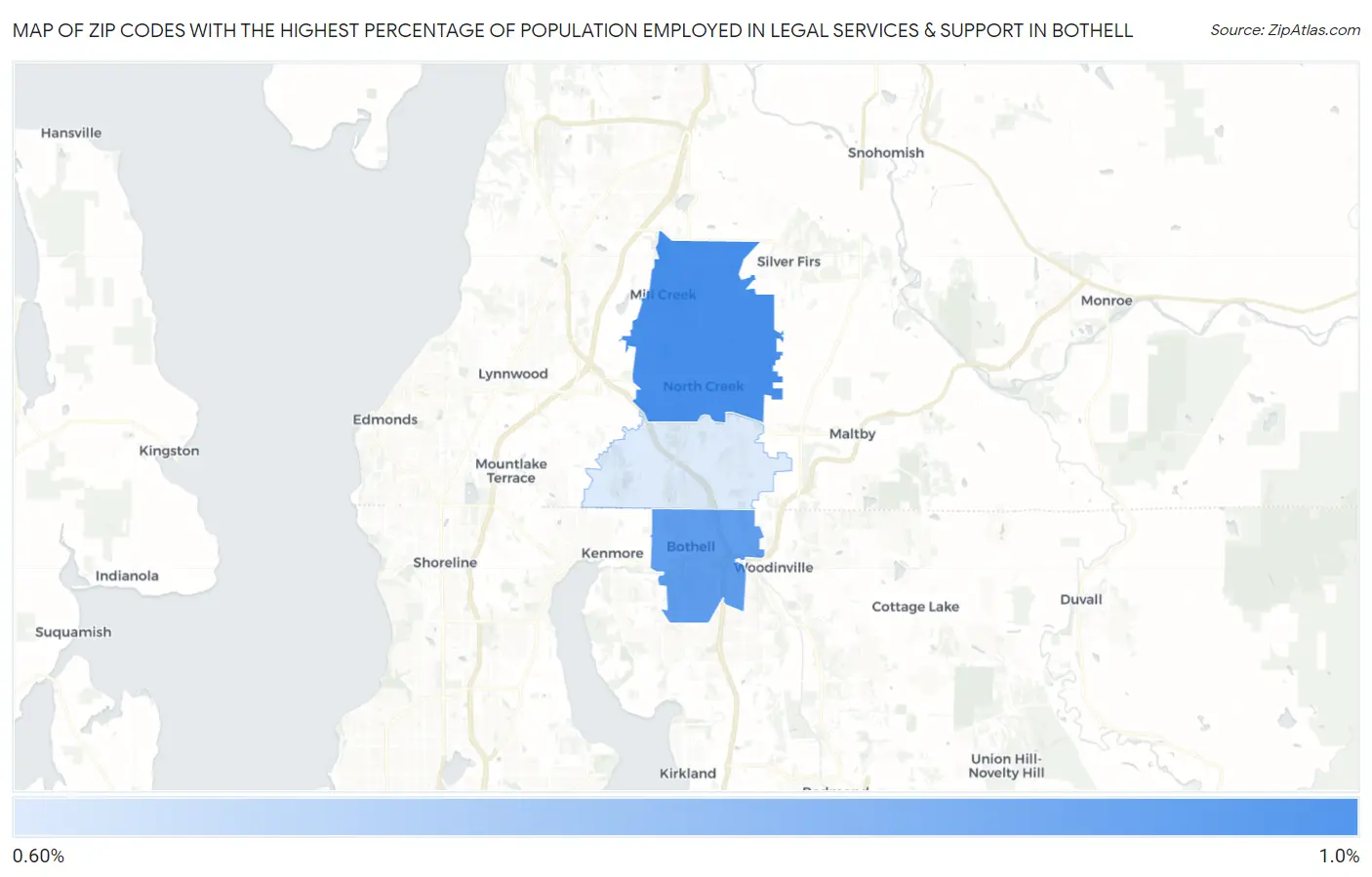 Zip Codes with the Highest Percentage of Population Employed in Legal Services & Support in Bothell Map