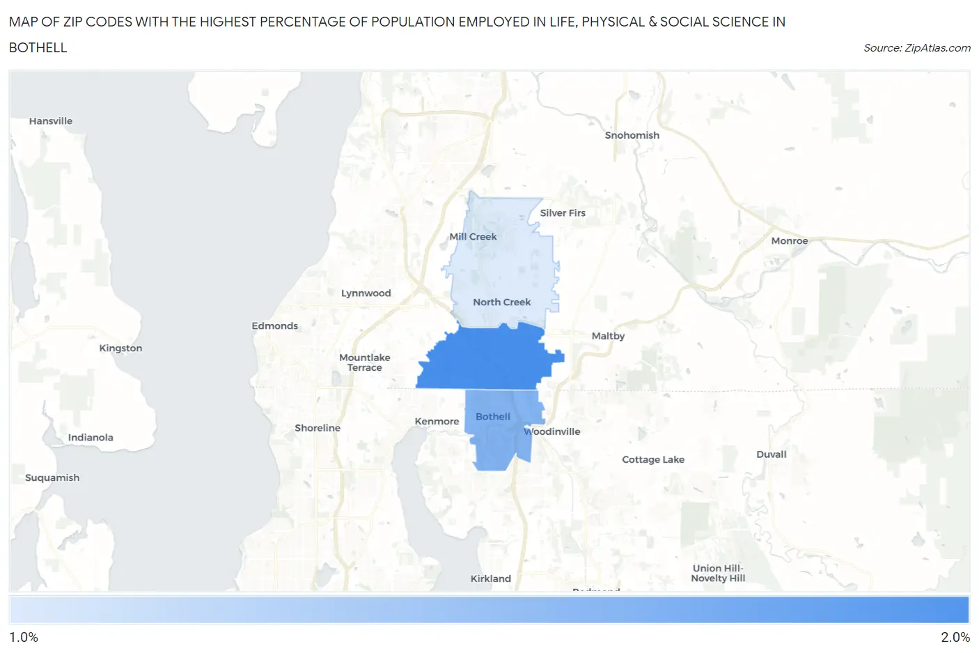 Zip Codes with the Highest Percentage of Population Employed in Life, Physical & Social Science in Bothell Map