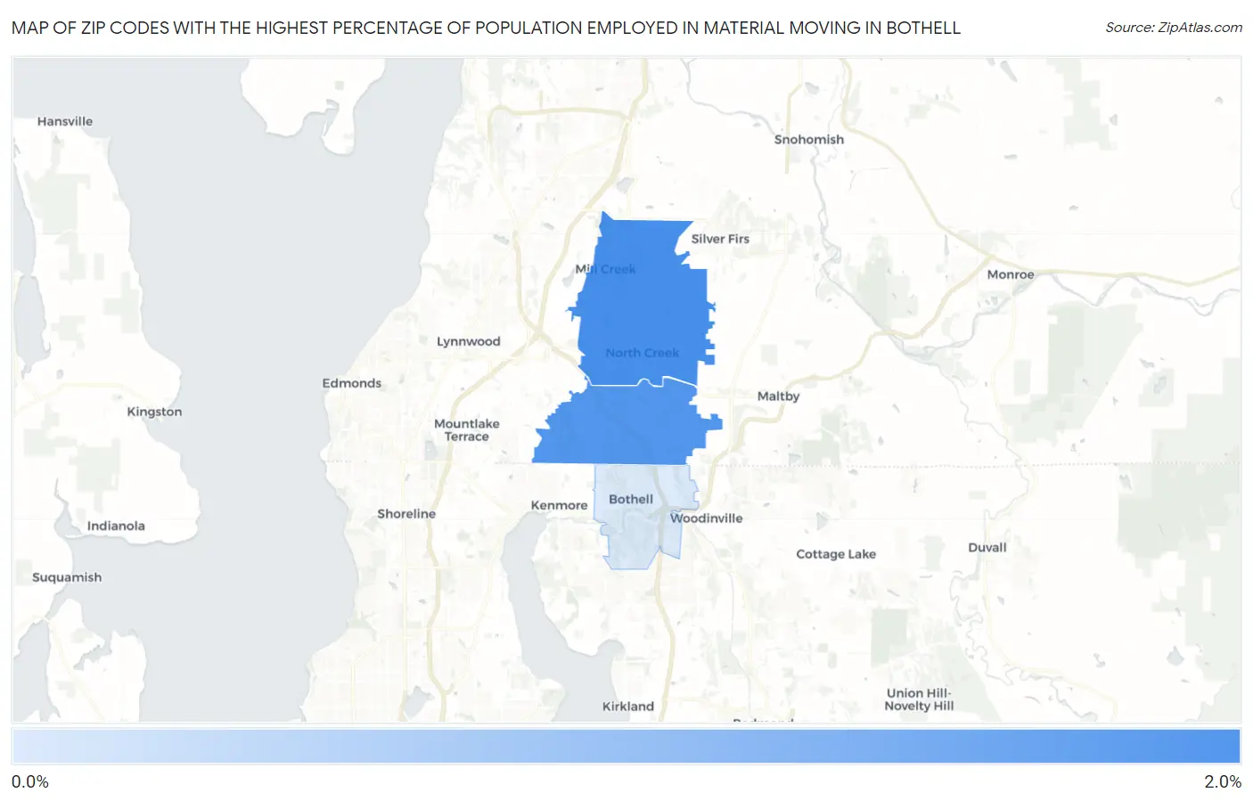 Zip Codes with the Highest Percentage of Population Employed in Material Moving in Bothell Map