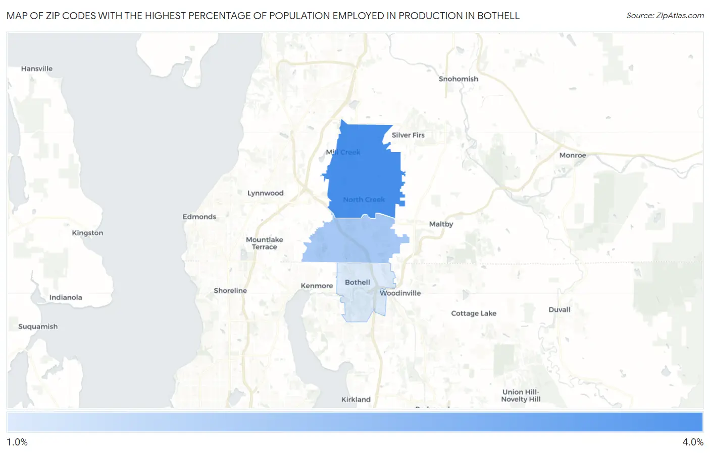 Zip Codes with the Highest Percentage of Population Employed in Production in Bothell Map