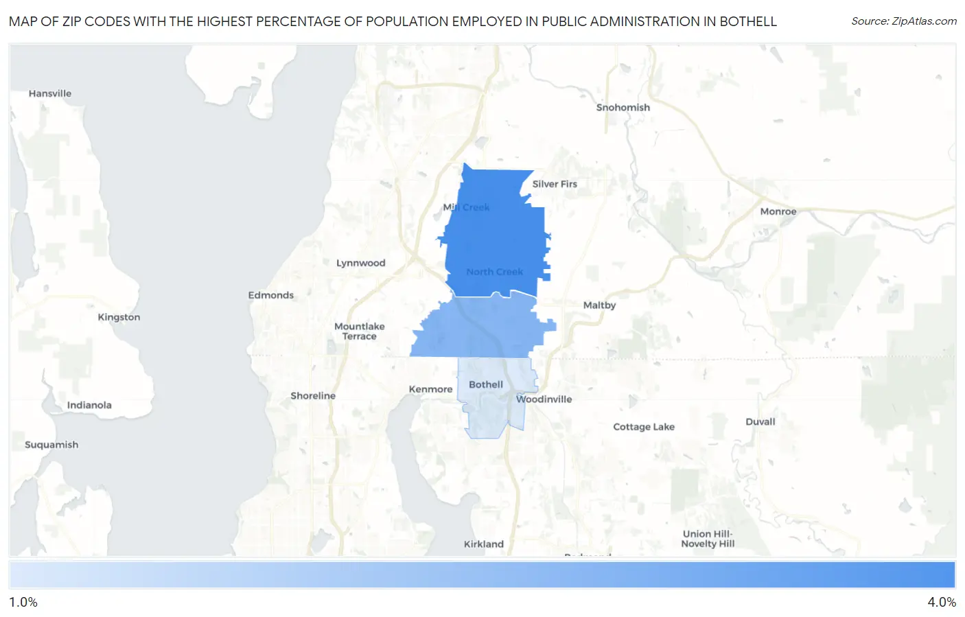 Zip Codes with the Highest Percentage of Population Employed in Public Administration in Bothell Map
