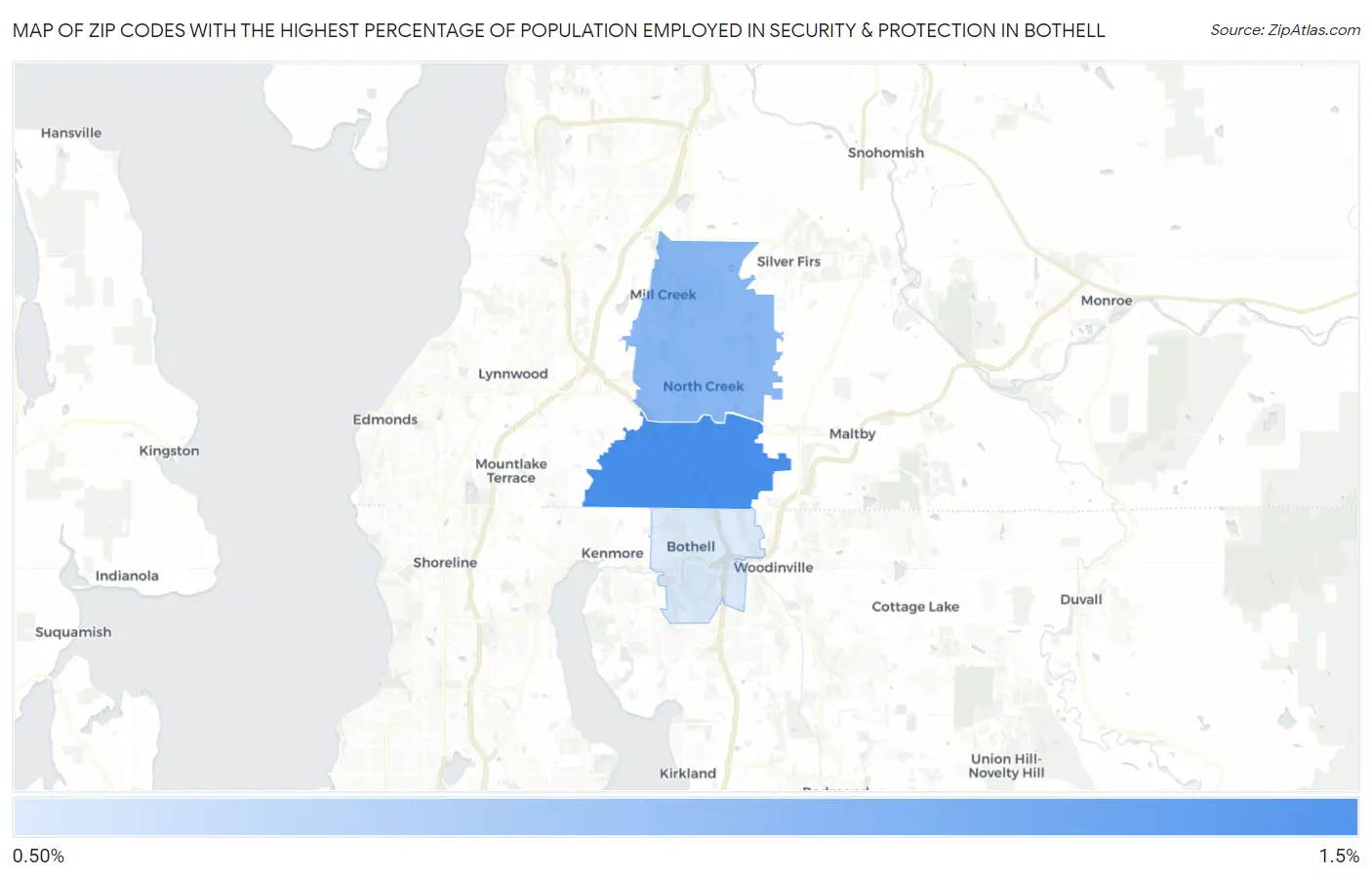 Zip Codes with the Highest Percentage of Population Employed in Security & Protection in Bothell Map