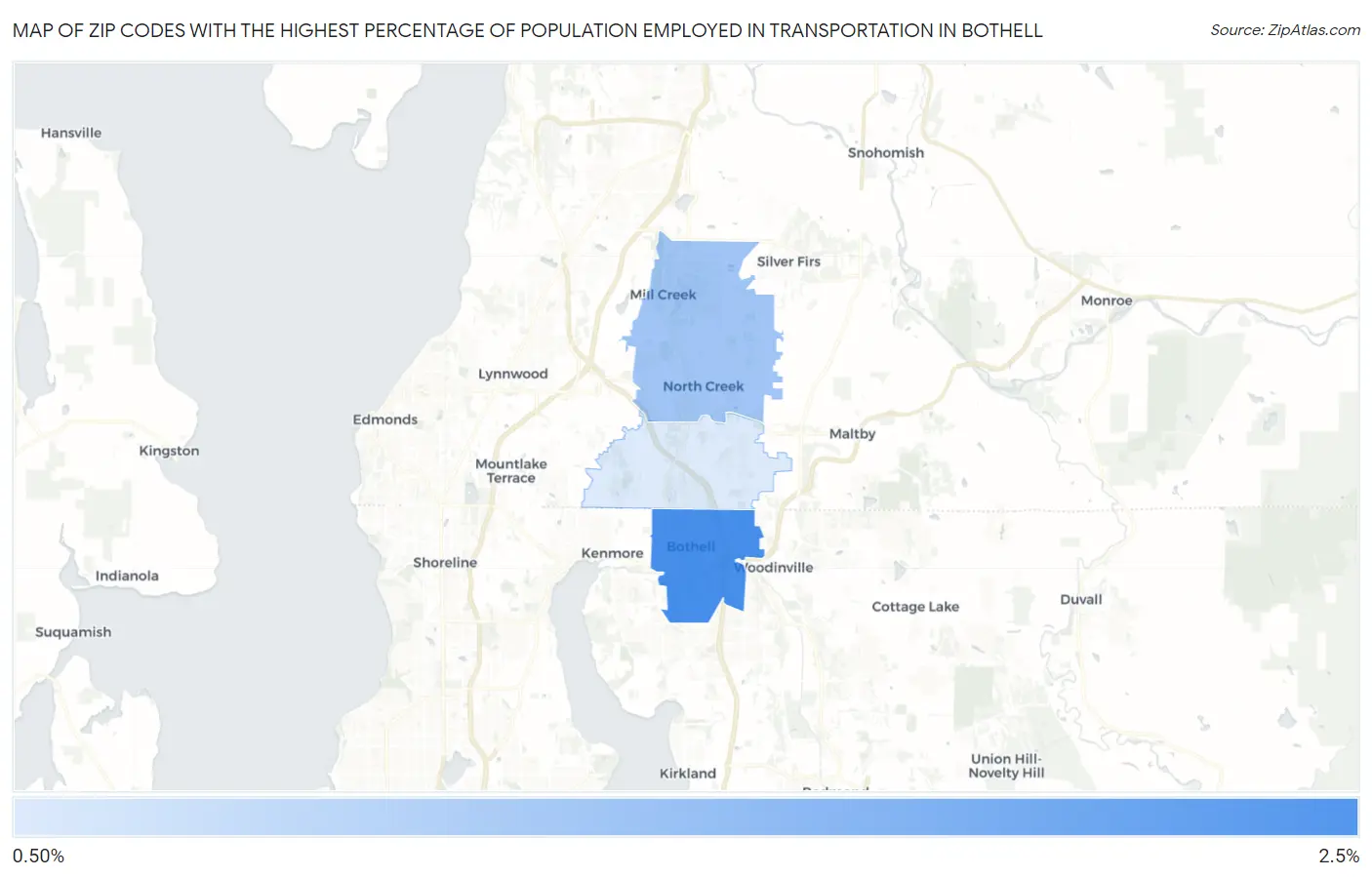 Zip Codes with the Highest Percentage of Population Employed in Transportation in Bothell Map