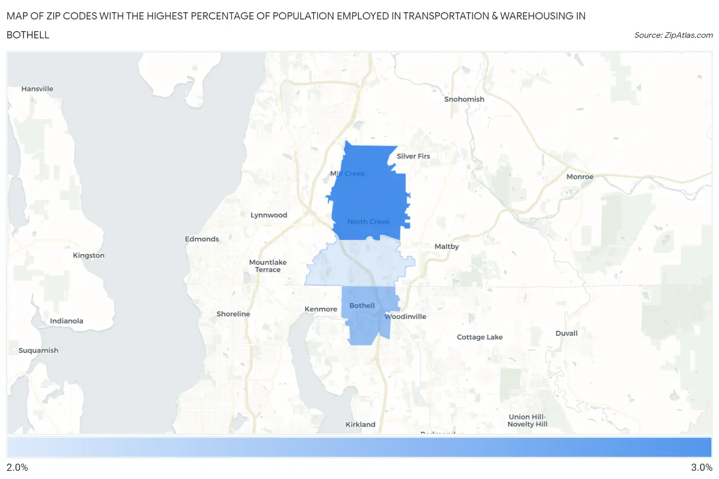 Zip Codes with the Highest Percentage of Population Employed in Transportation & Warehousing in Bothell Map