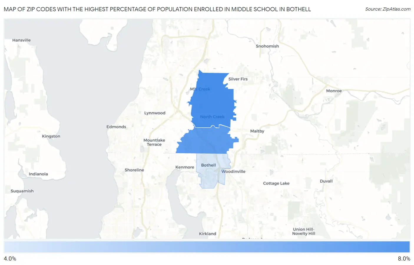 Zip Codes with the Highest Percentage of Population Enrolled in Middle School in Bothell Map