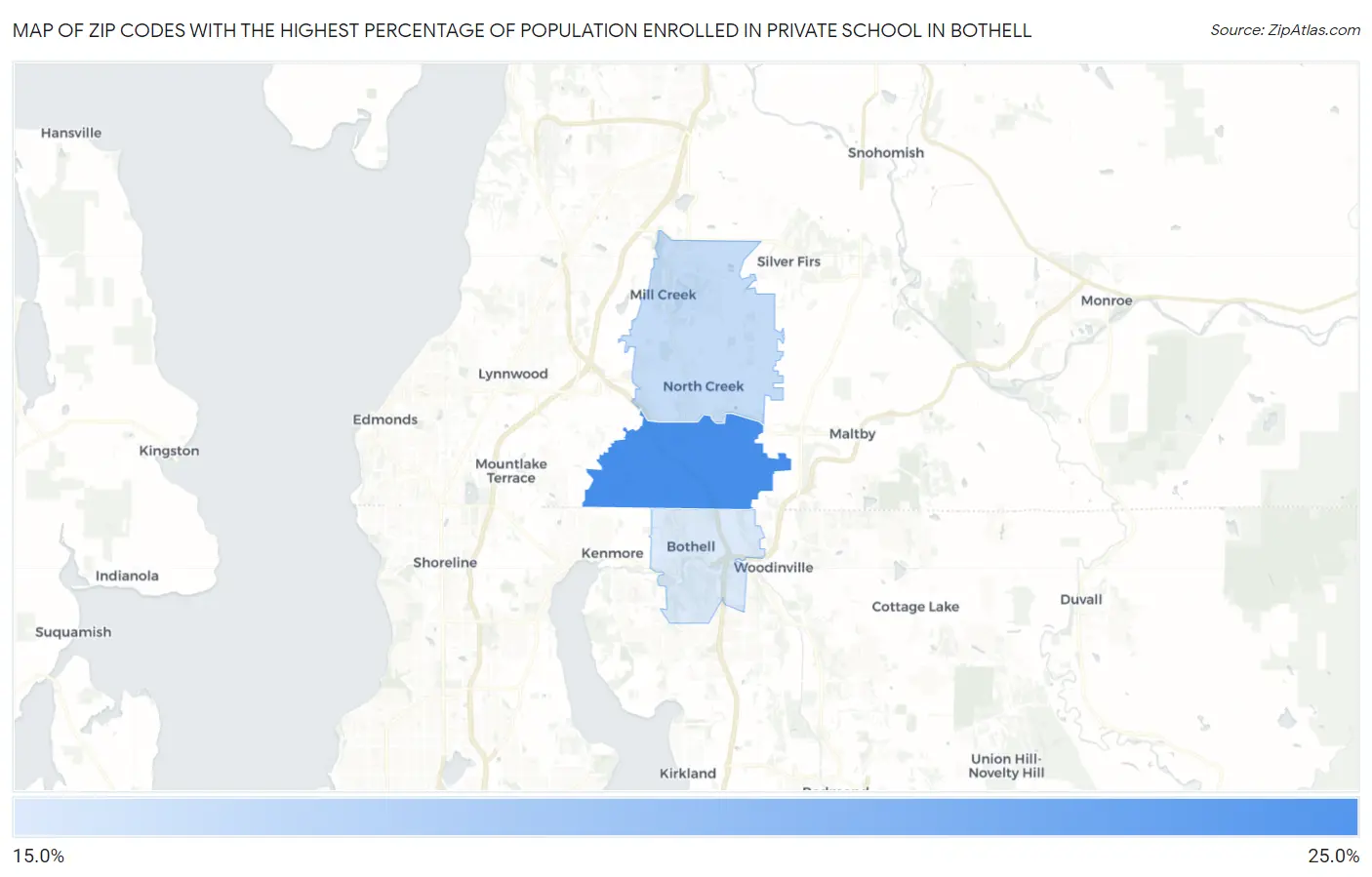 Zip Codes with the Highest Percentage of Population Enrolled in Private School in Bothell Map