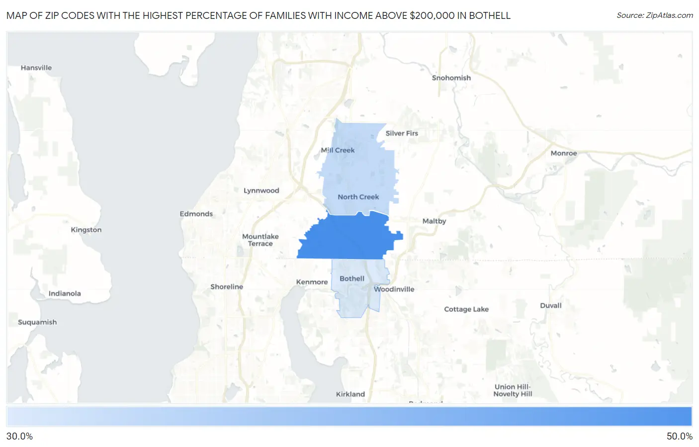 Zip Codes with the Highest Percentage of Families with Income Above $200,000 in Bothell Map