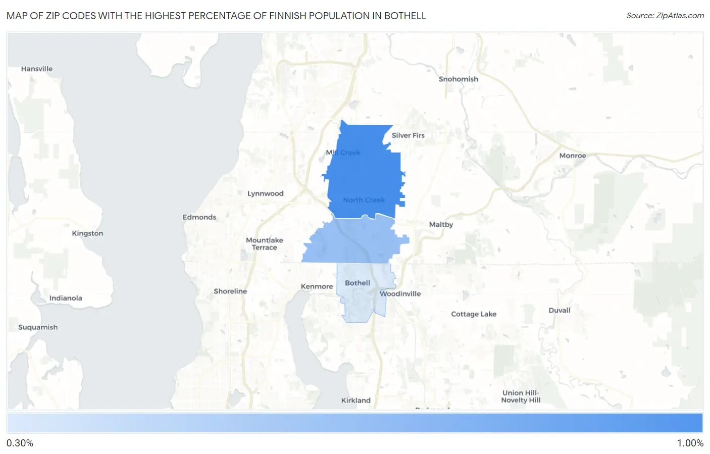 Zip Codes with the Highest Percentage of Finnish Population in Bothell Map