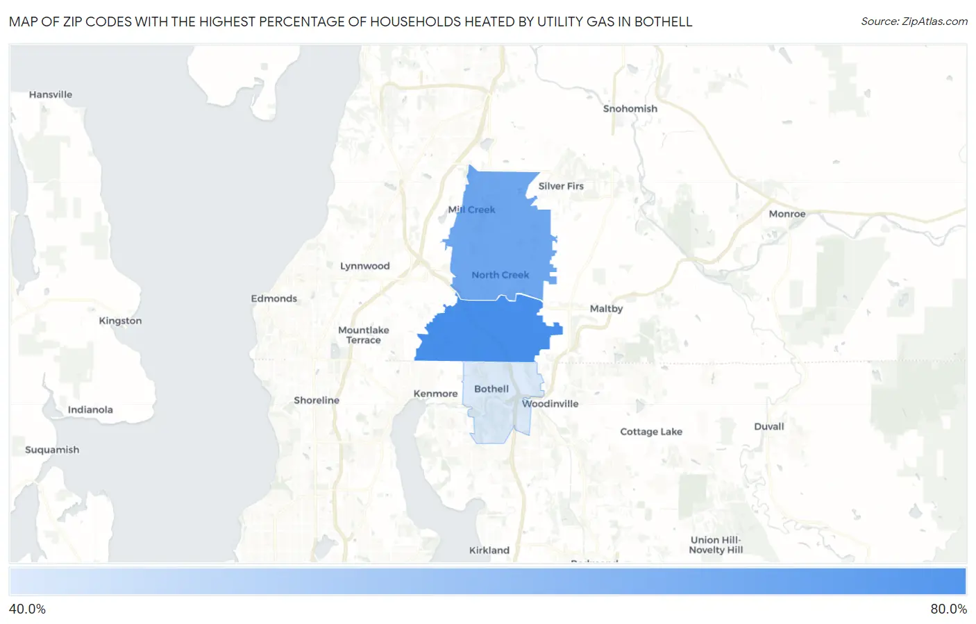 Zip Codes with the Highest Percentage of Households Heated by Utility Gas in Bothell Map