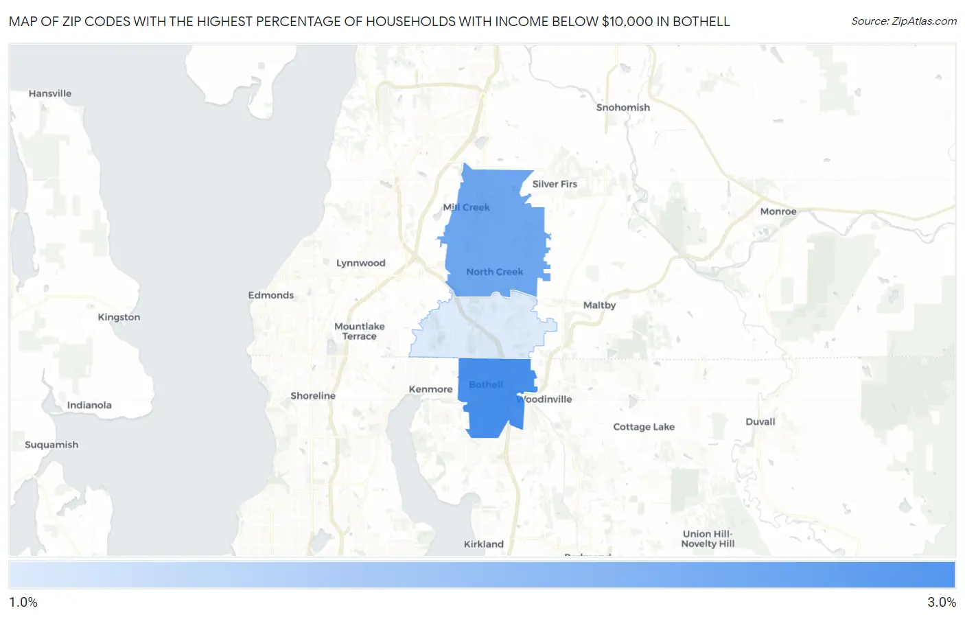 Zip Codes with the Highest Percentage of Households with Income Below $10,000 in Bothell Map