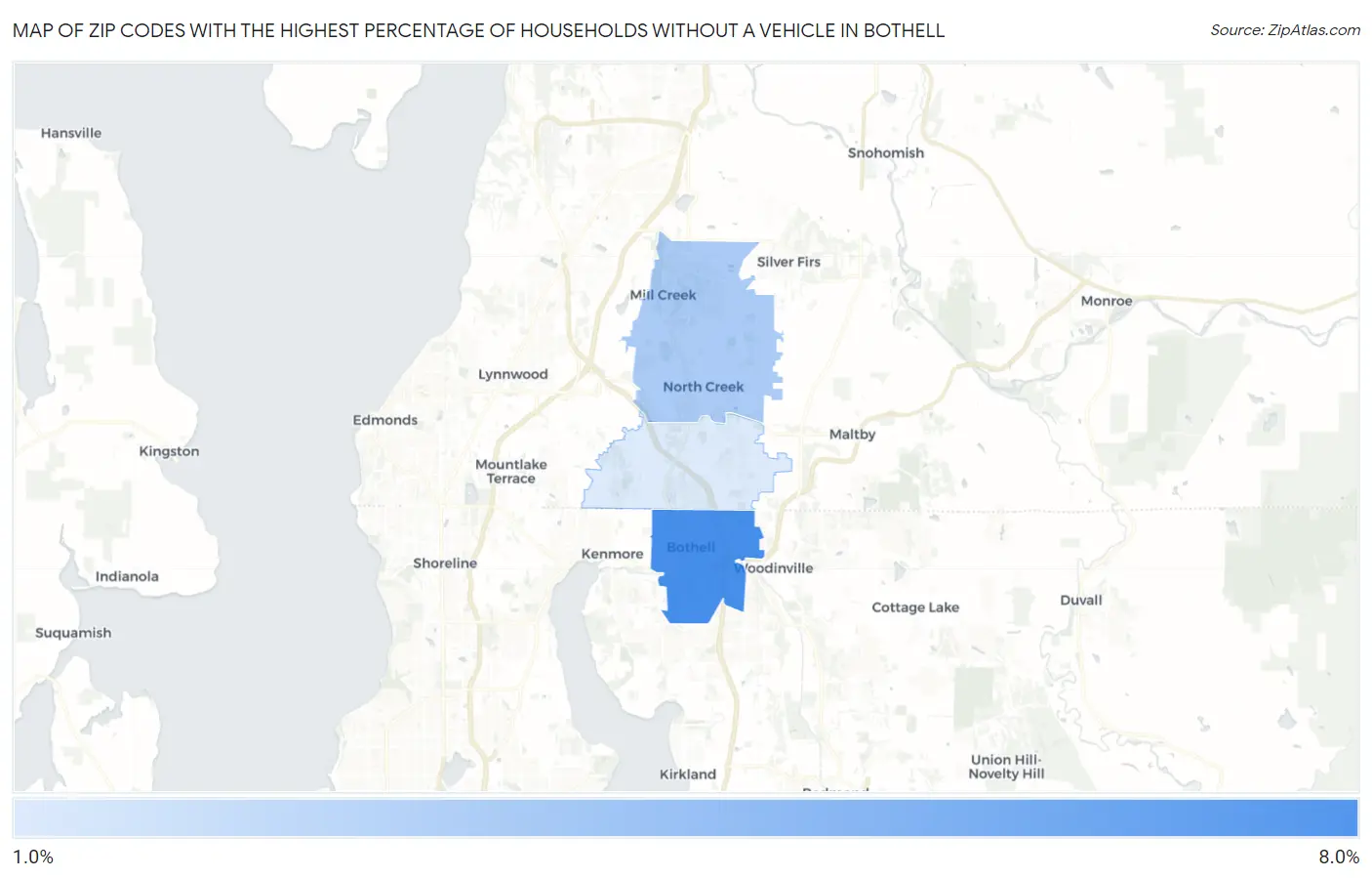 Zip Codes with the Highest Percentage of Households Without a Vehicle in Bothell Map